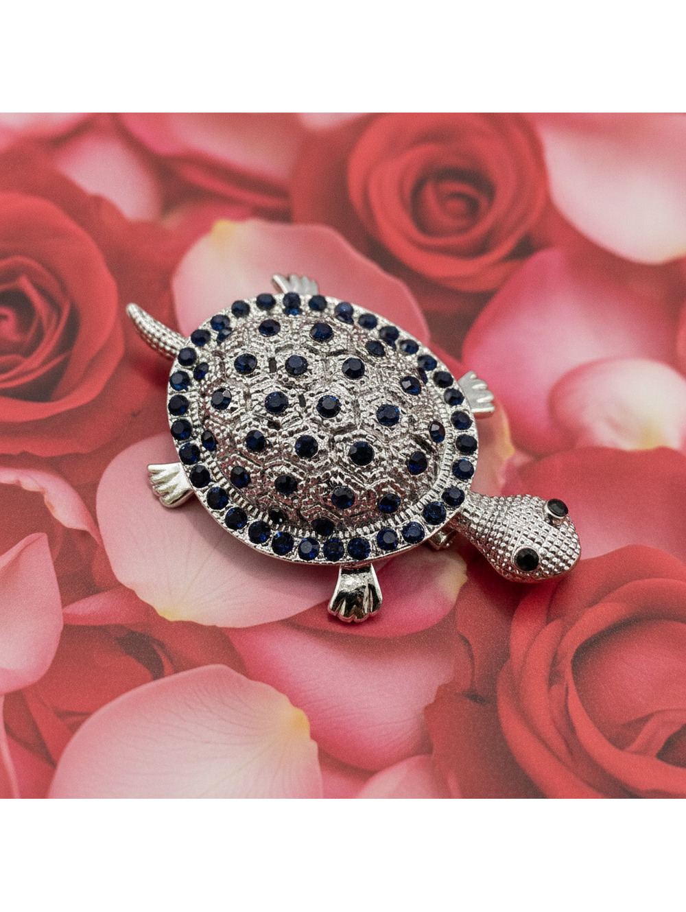 Silver Tone Turtle Brooch with Blue Rhinestones